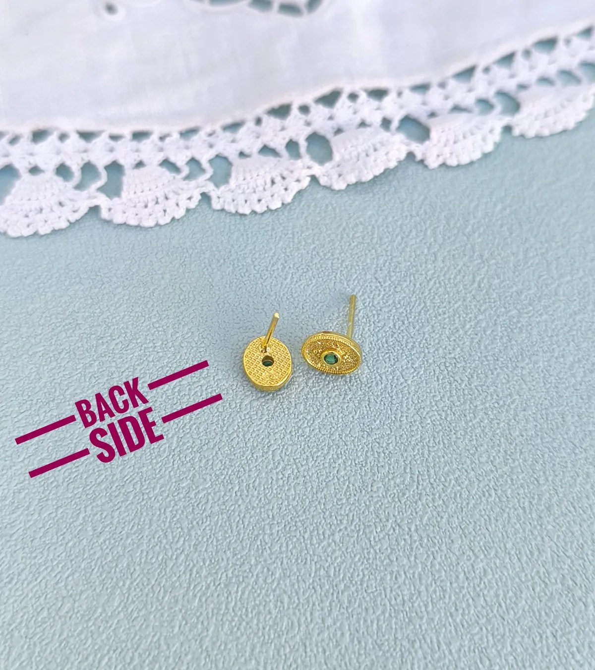 22k Gold Plated Silver Oval Stud Earrings, Byzantine Earrings With Zircon Stones