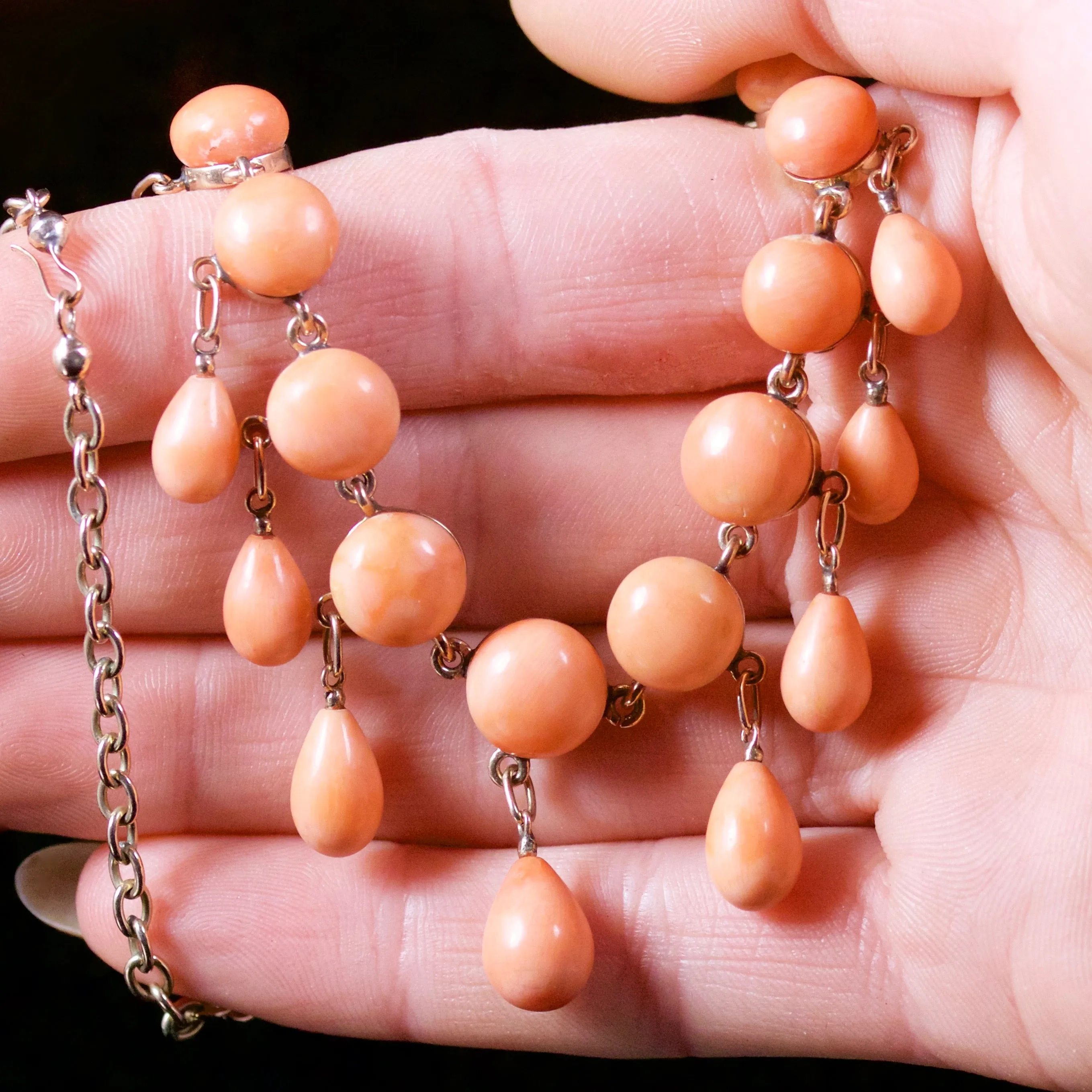 Antique Victorian Coral Fringe Necklace Gold Circa 1880
