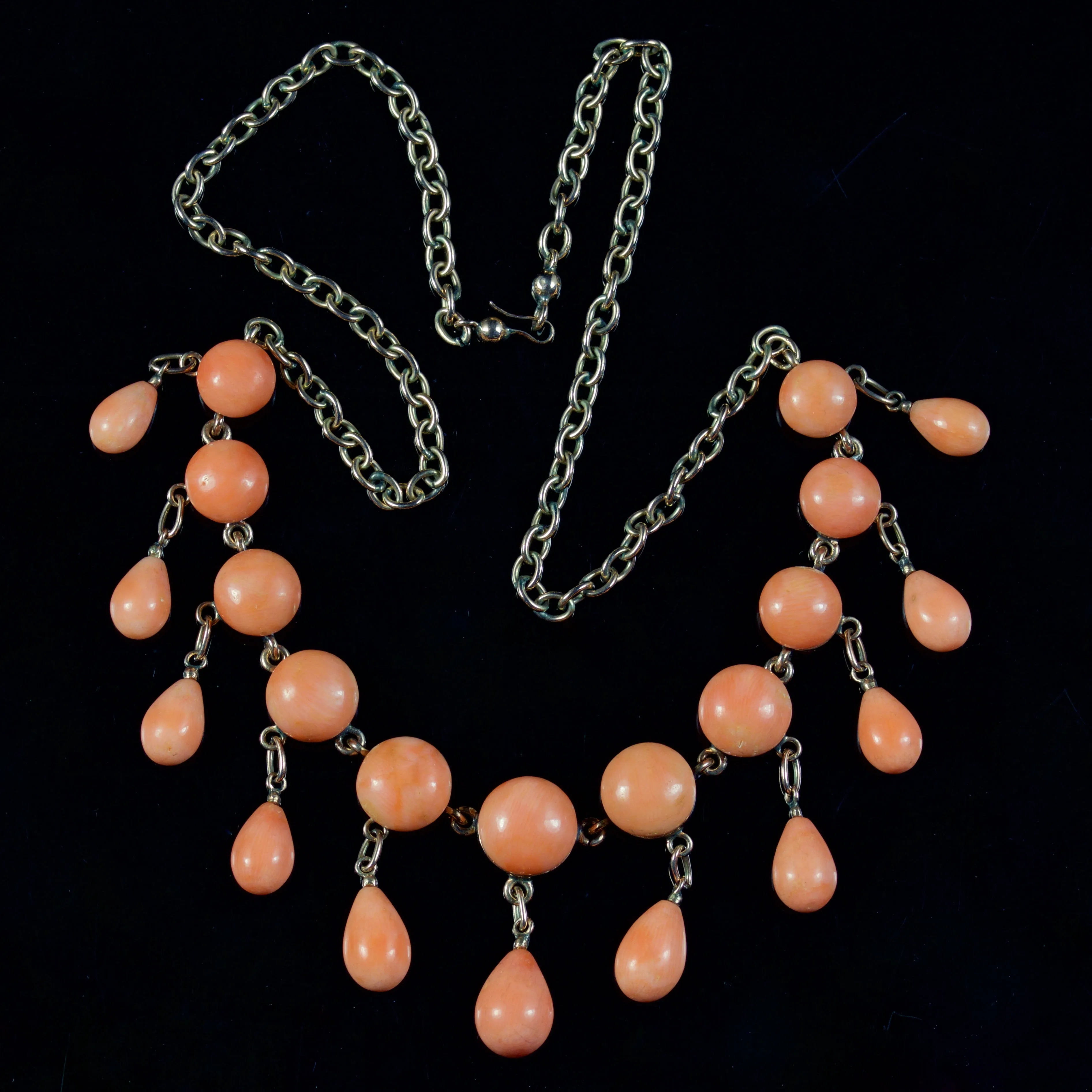 Antique Victorian Coral Fringe Necklace Gold Circa 1880