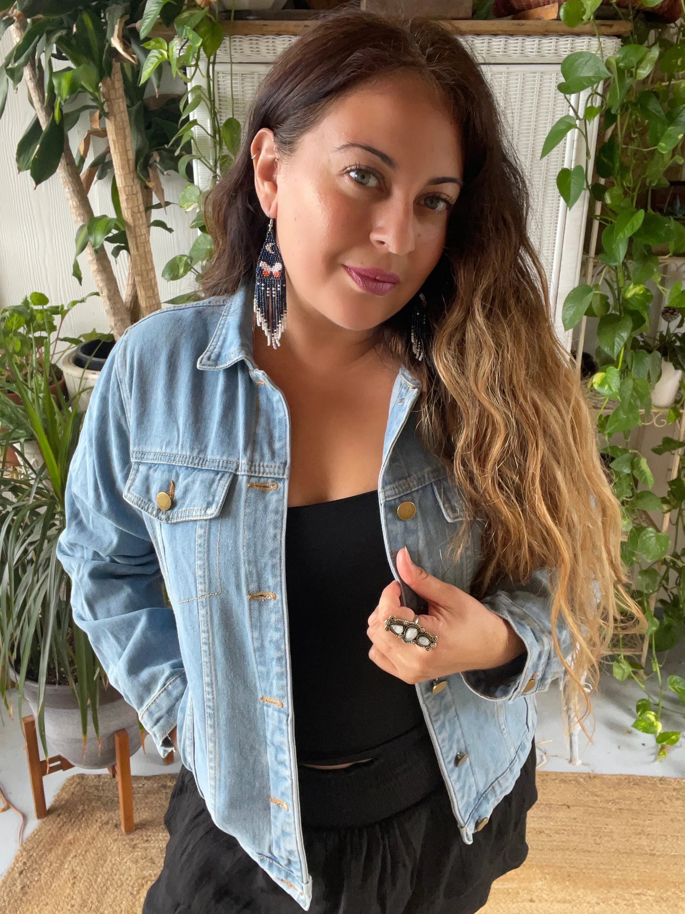 Embellished fringe denim evil eye n snake jacket