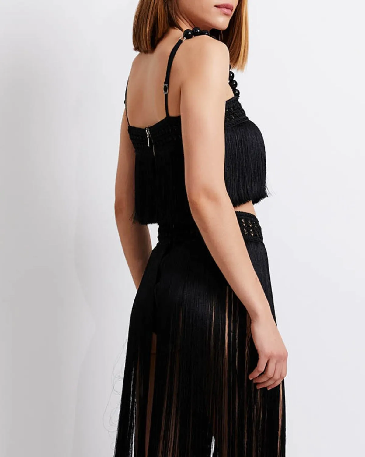 Fringe Cropped Top with Pearl Beaded Straps