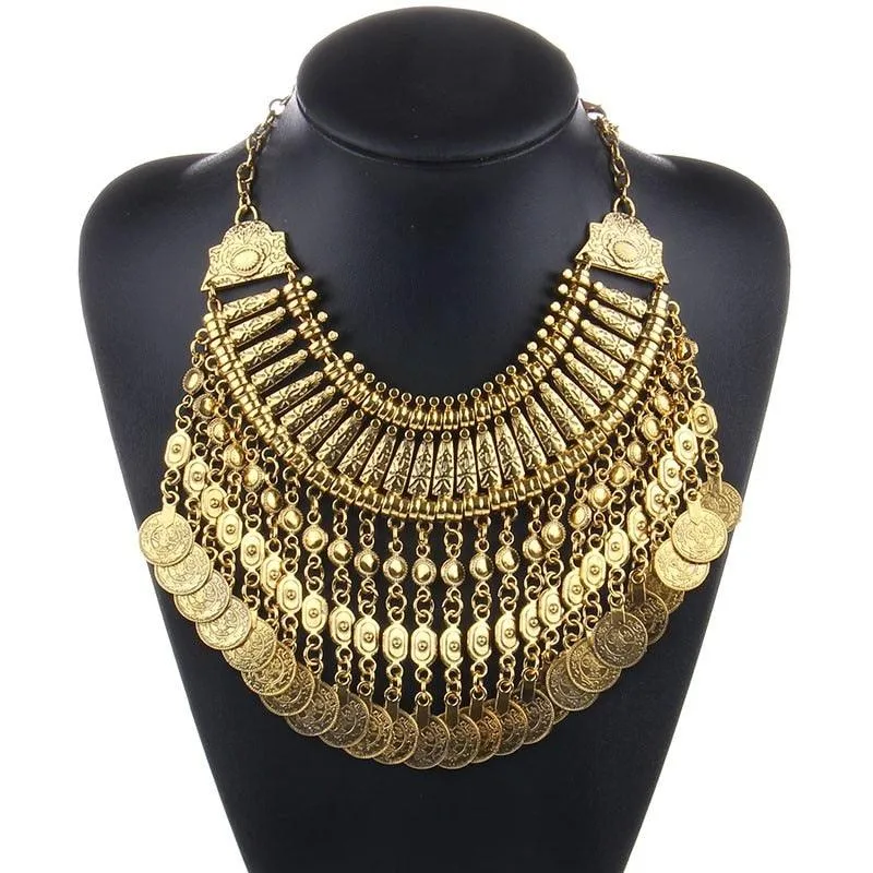 Gold Coin Long Chain Tassel Necklace