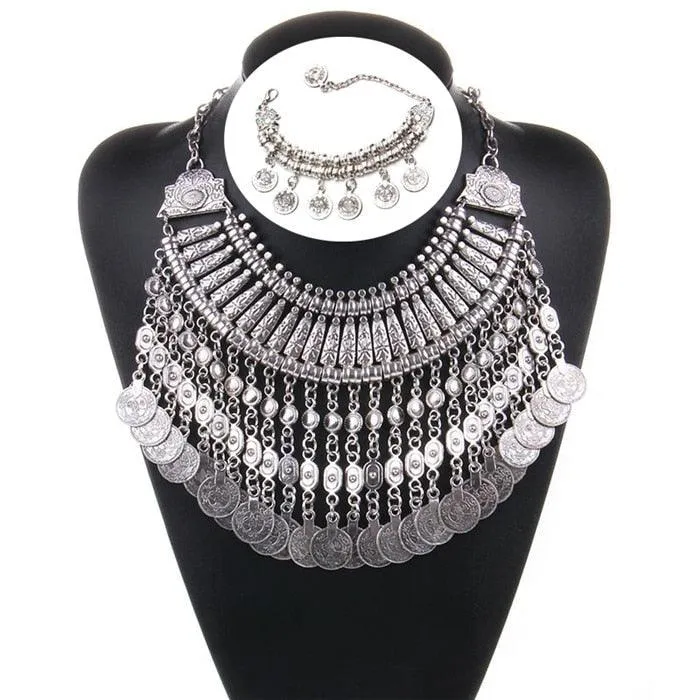 Gold Coin Long Chain Tassel Necklace