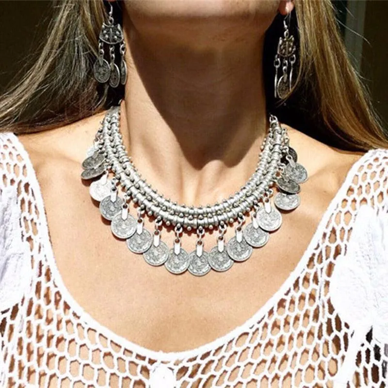 Gold Coin Long Chain Tassel Necklace