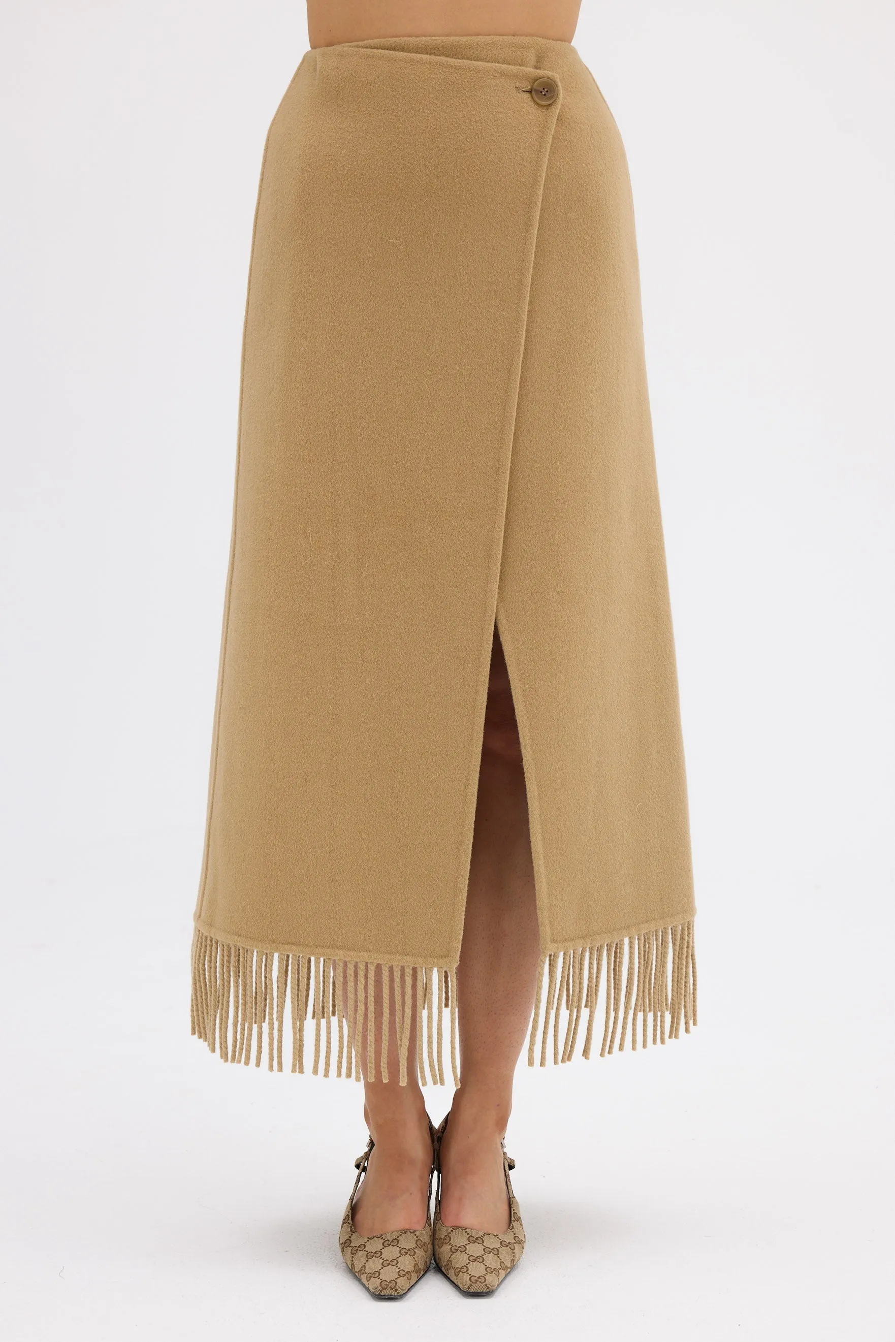 Kate Fringe Wrap Wool Skirt - Walnut