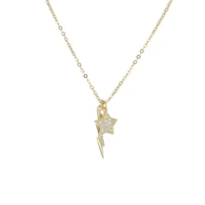 PAVE STAR & POLISH BOLT CHARM NECKLACE