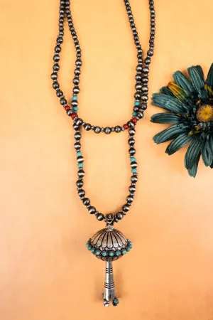 SALE! Layered Silver Navajo Inspired Pearl Single Squash Blossom Necklace